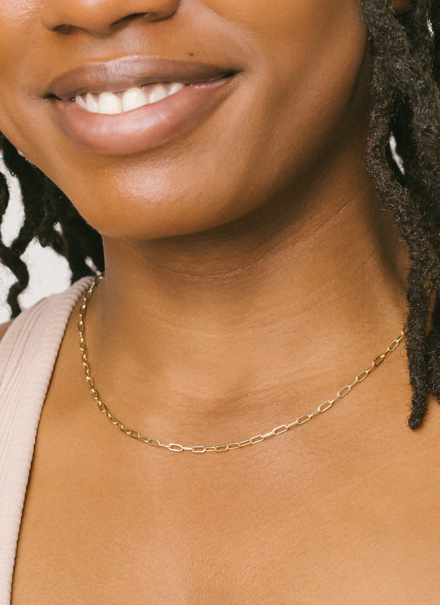 Ennica Jacob in RIVA New York's Chelsea paper clip chain necklace in 14K yellow gold