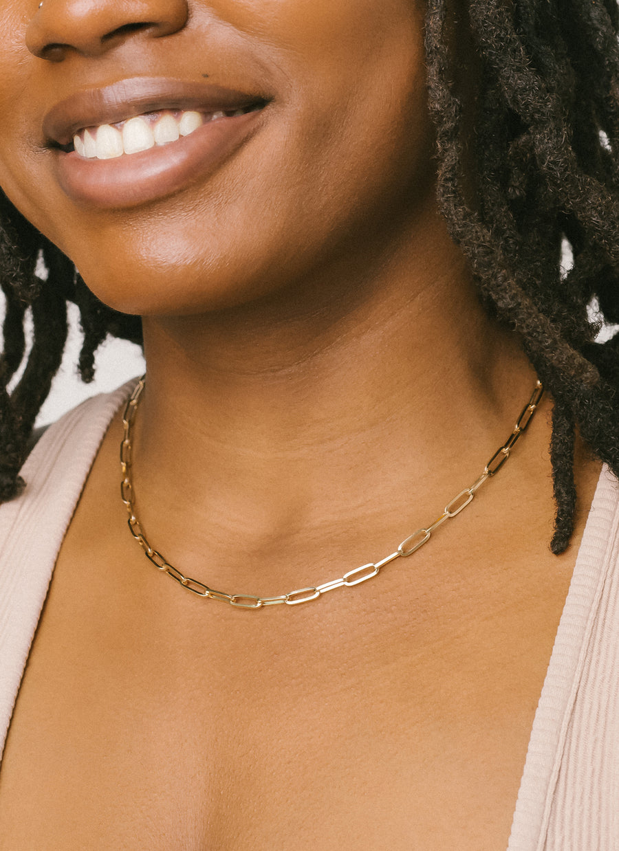 Ennica Jacob in the Tribeca paper clip chain necklace from RIVA New York in 14K recyclec yellow gold