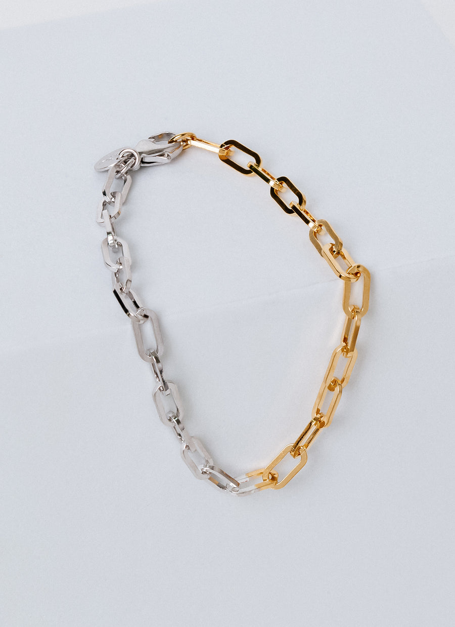 Half-silver, half-vermeil paper clip chain bracelet from RIVA New York, a unique two-tone jewelry piece
