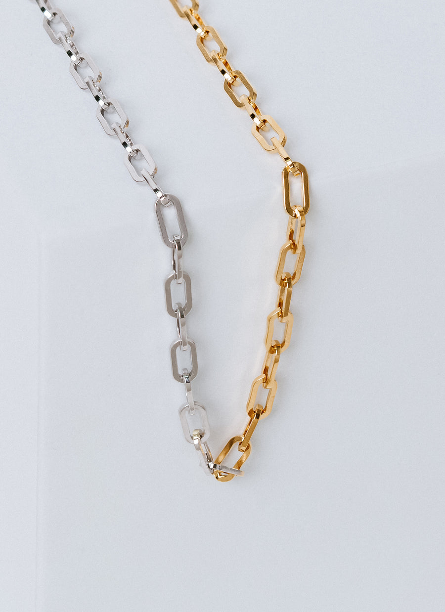 Unique two-tone or half-silver/half-gold-vermeil paper clip chain necklace, only from RIVA New York
