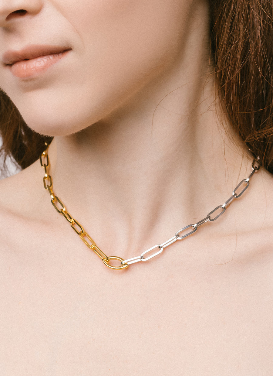 Chloe Nicole in the RIVA New York Wall Street paper clip chain necklace in two-tone (half silver, half vermeil)