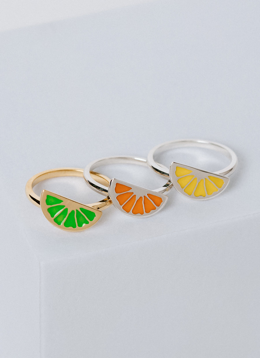 Citrus Wedge Enamel Rings from RIVA New York, available in silver, gold vermeil, and gold