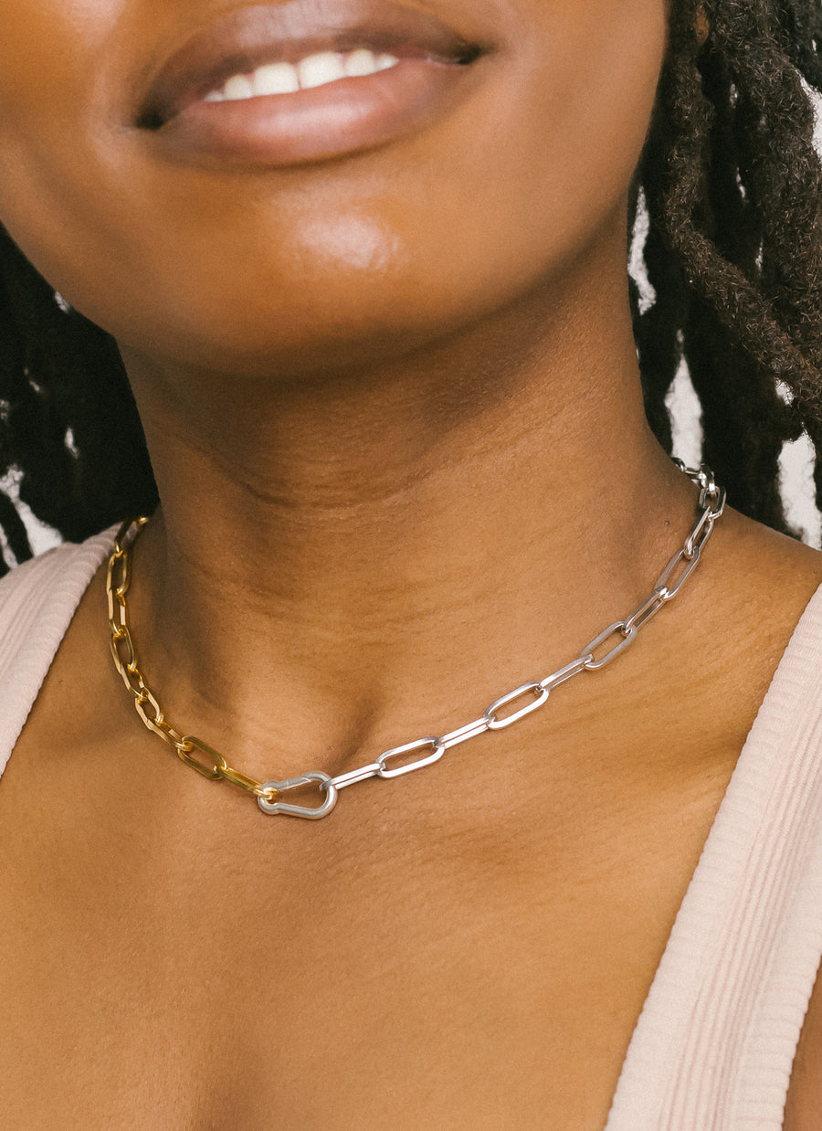 Ennica Jacob in the RIVA New York Wall Street paper clip chain necklace in two-tone (half silver, half vermeil)