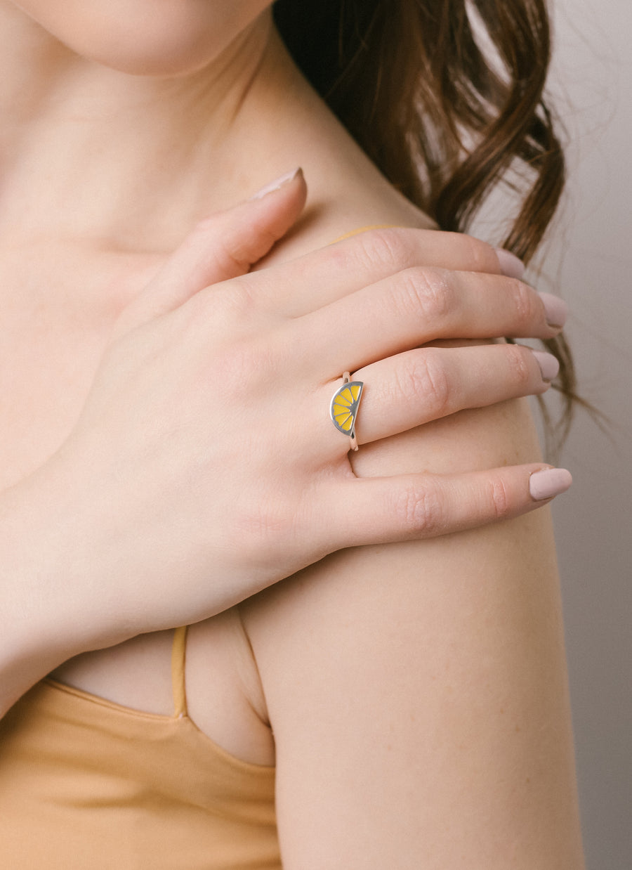 Citrus wedge ring from RIVA New York in lemon yellow enamel and sterling silver
