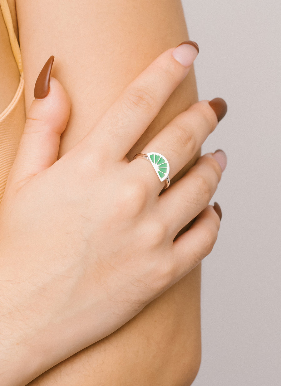 Citrus wedge ring from RIVA New York in lime green enamel and sterling silver