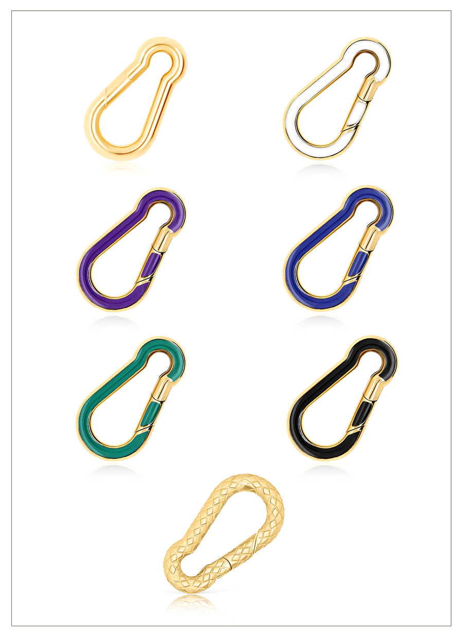 Carabiner shaped jewelry clasps with pushgate from RIVA New York, available in 14K recycled yellow gold