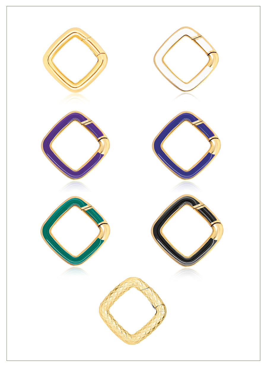 Cushion shaped jewelry clasps with pushgate from RIVA New York, available in 14K recycled yellow gold