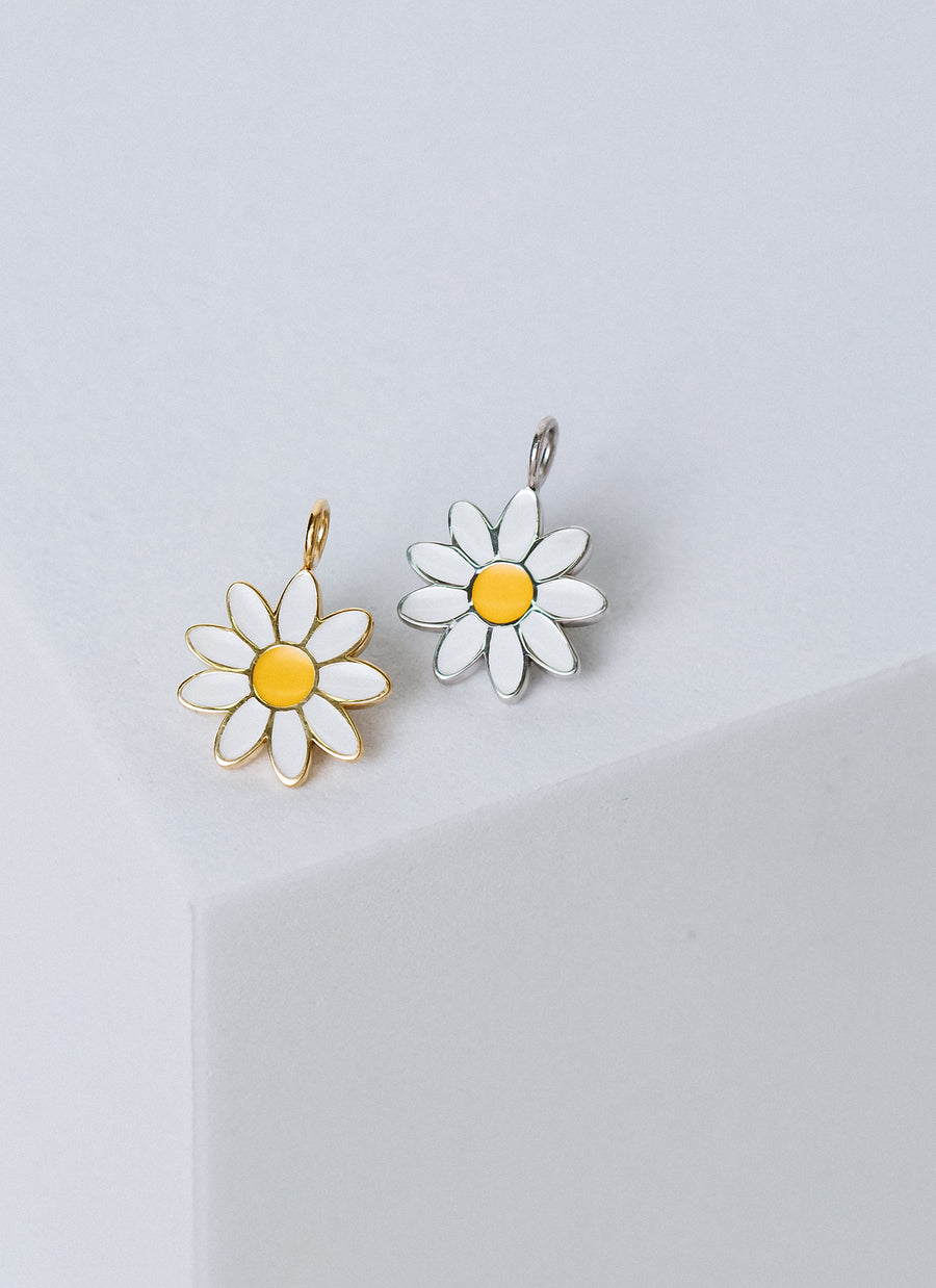 Dainty daisy enamel charms from RIVA New York, available in sterling silver, gold vermeil, and 14K yellow gold