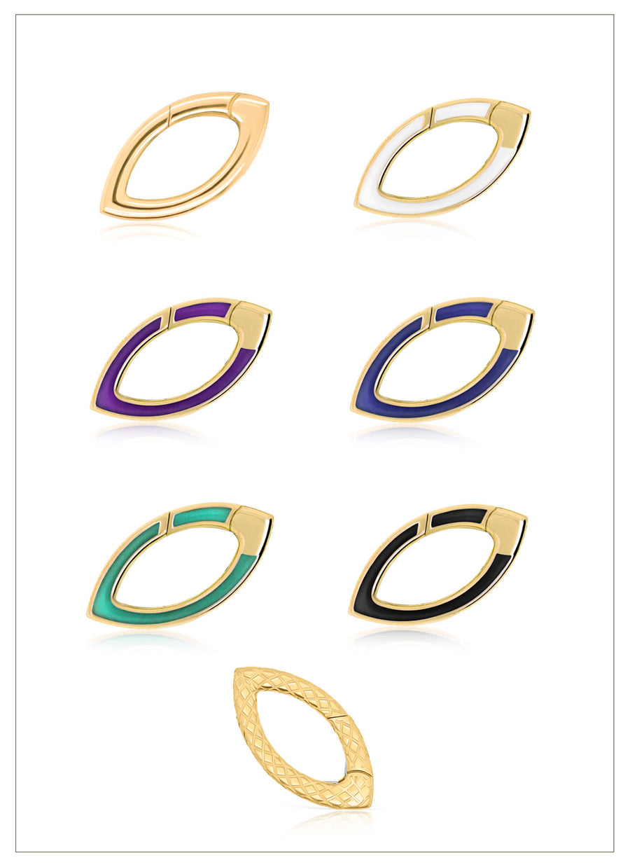 Marquise shaped jewelry clasps with pushgate from RIVA New York, available in 14K recycled yellow gold