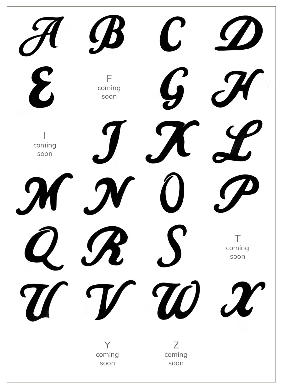 Chart showing the available letters for RIVA New York's Script Initial Charm