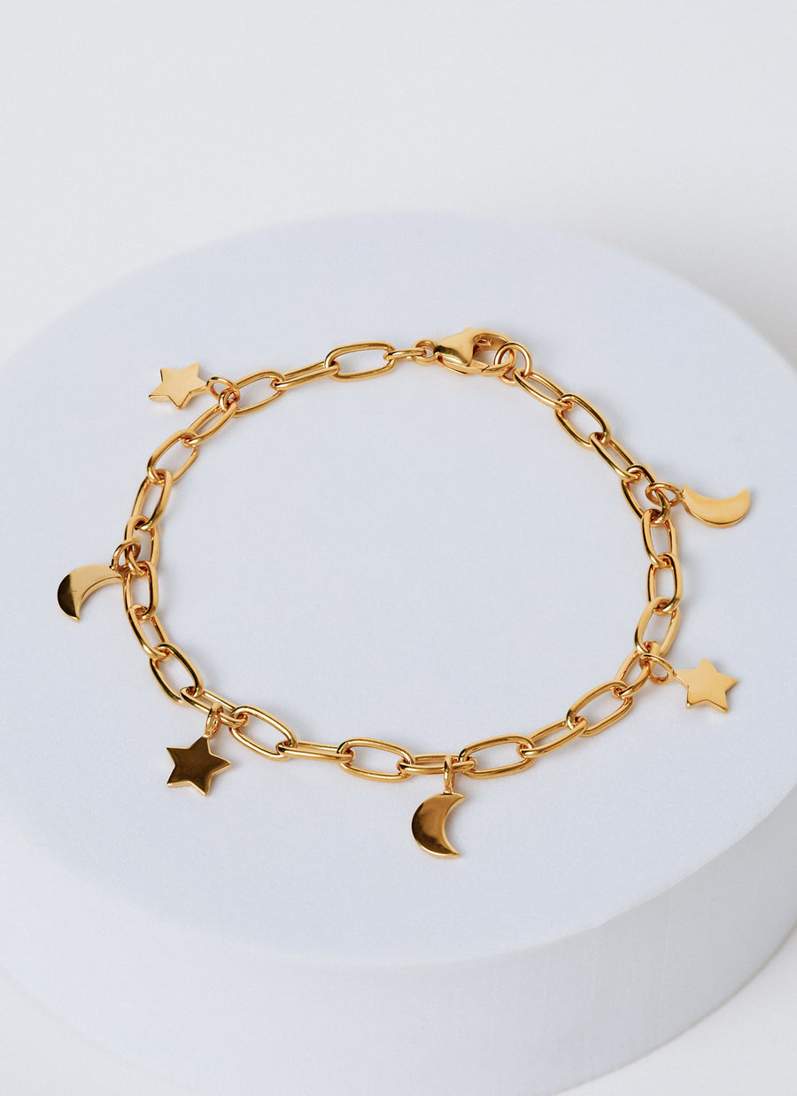 Gold vermeil charm bracelet from RIVA New York featuring moon and star charms dangling from a paper clip chain