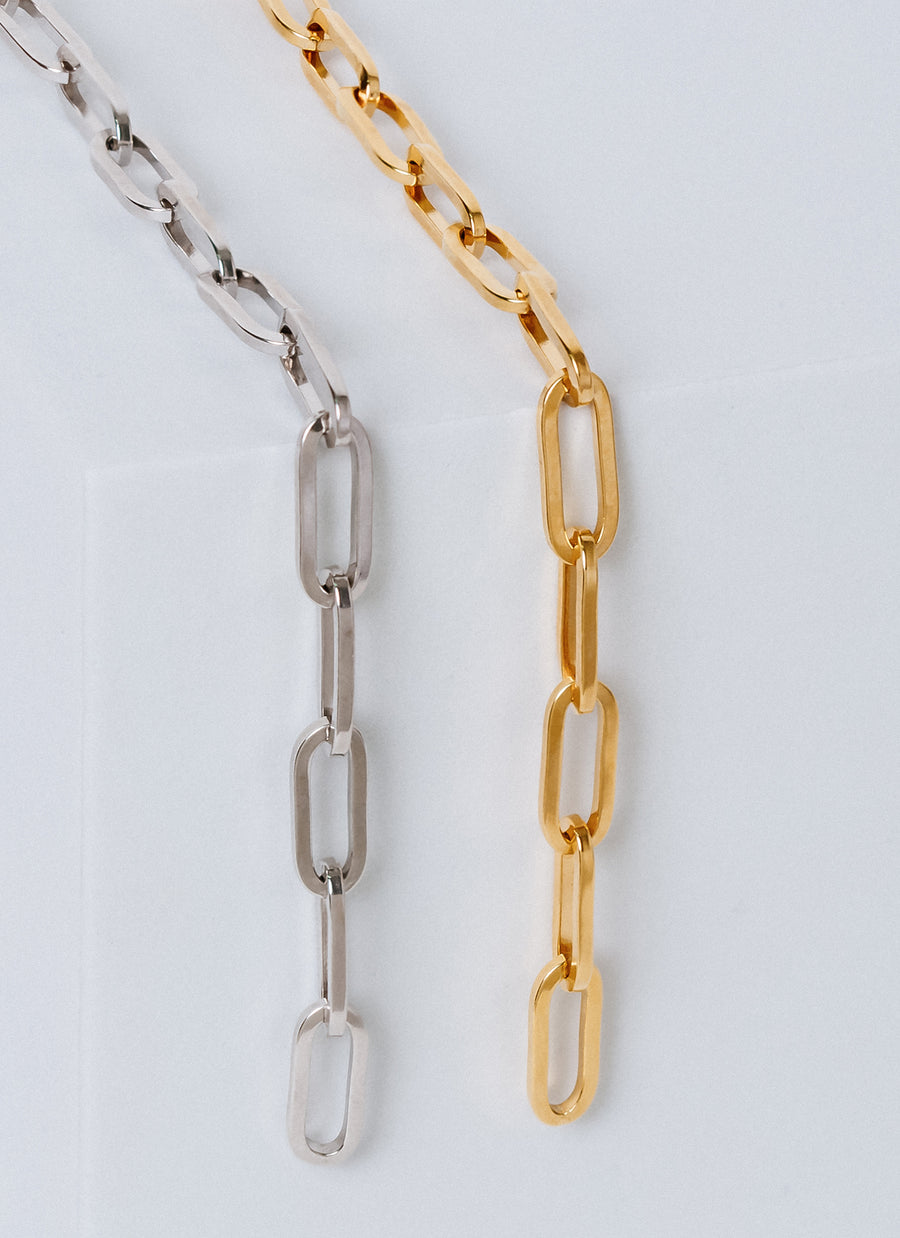 Two-tone Wall Street paper clip chain necklace from RIVA New York, half silver and half gold vermeil